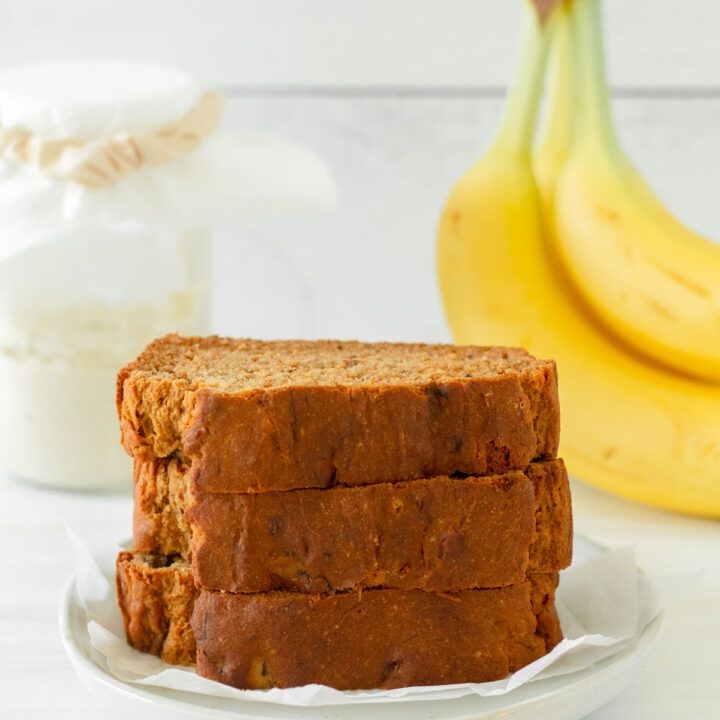 This gluten-free sourdough banana bread is an easy gluten-free sourdough recipe made with simple ingredients and a gluten-free sourdough starter. This homemade banana bread is a delicious snack or quick breakfast recipe.