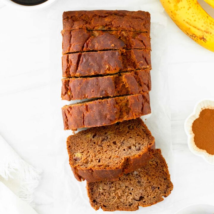 This banana bread recipe is a classic banana bread made with staple ingredients, overripe bananas and sweetened with honey for a deliciously soft homemade bread. We love making this healthy banana bread as an easy breakfast and snack.