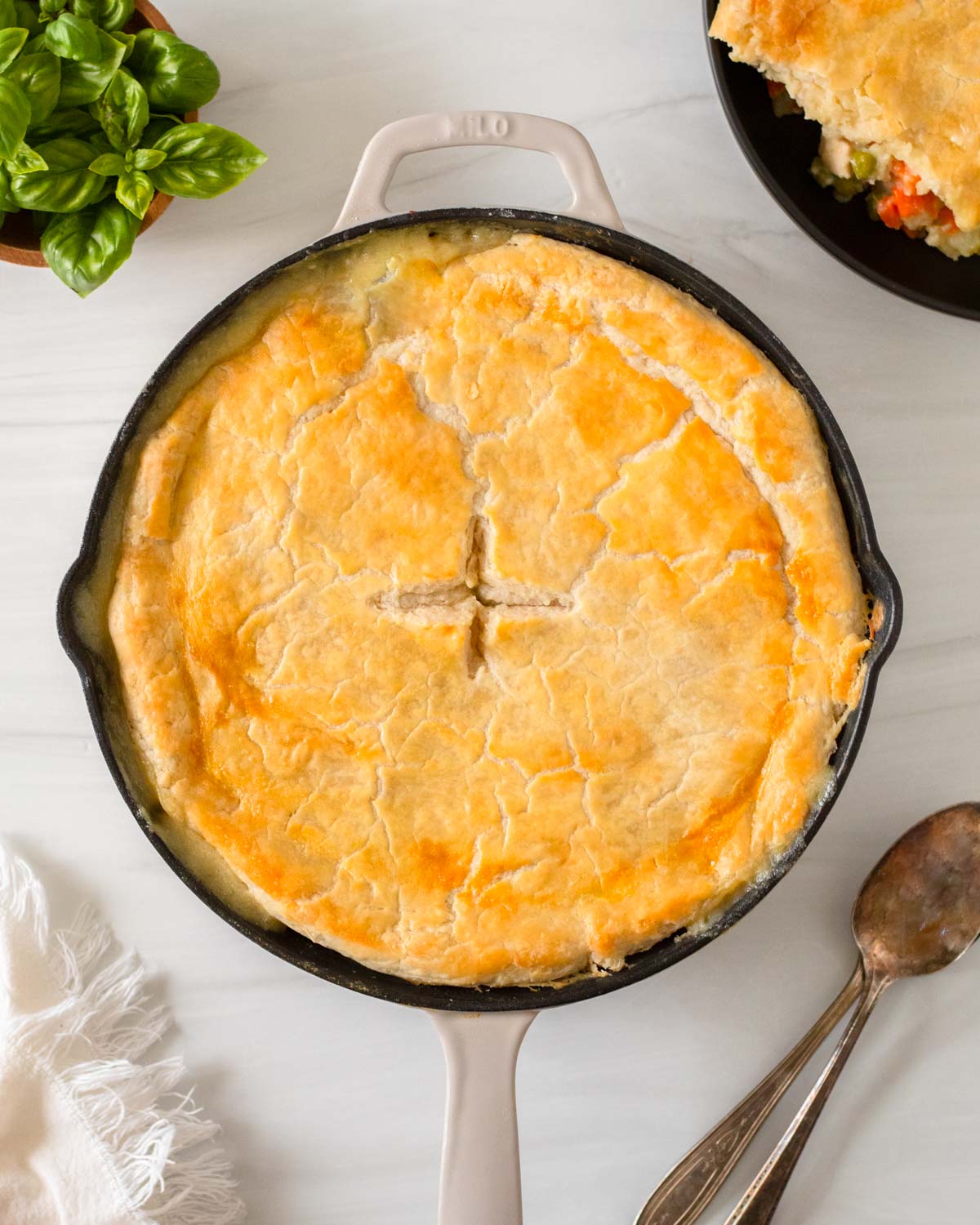 This skillet chicken pot pie is an easy one-skillet comfort food recipe perfect for a cozy easy dinner recipe.