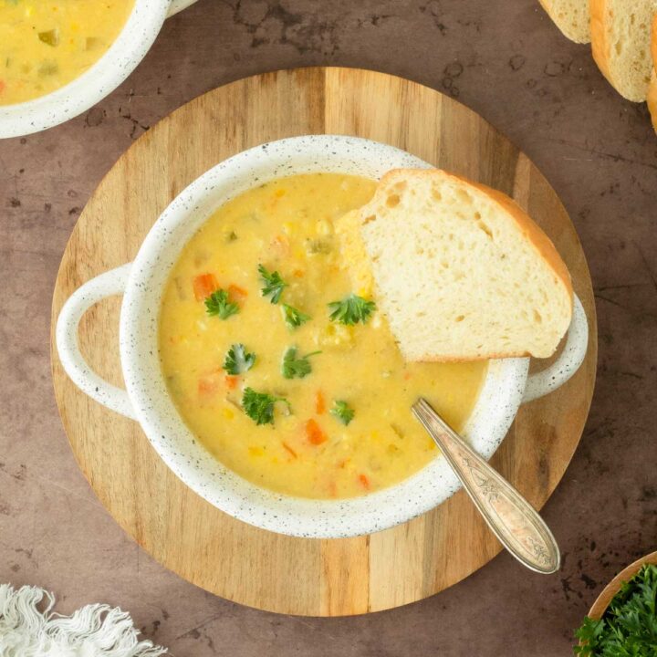 This corn chowder recipe is a homemade soup loaded with fresh corn and potatoes and best served with homemade bread for a flavorful, creamy, comfort food.