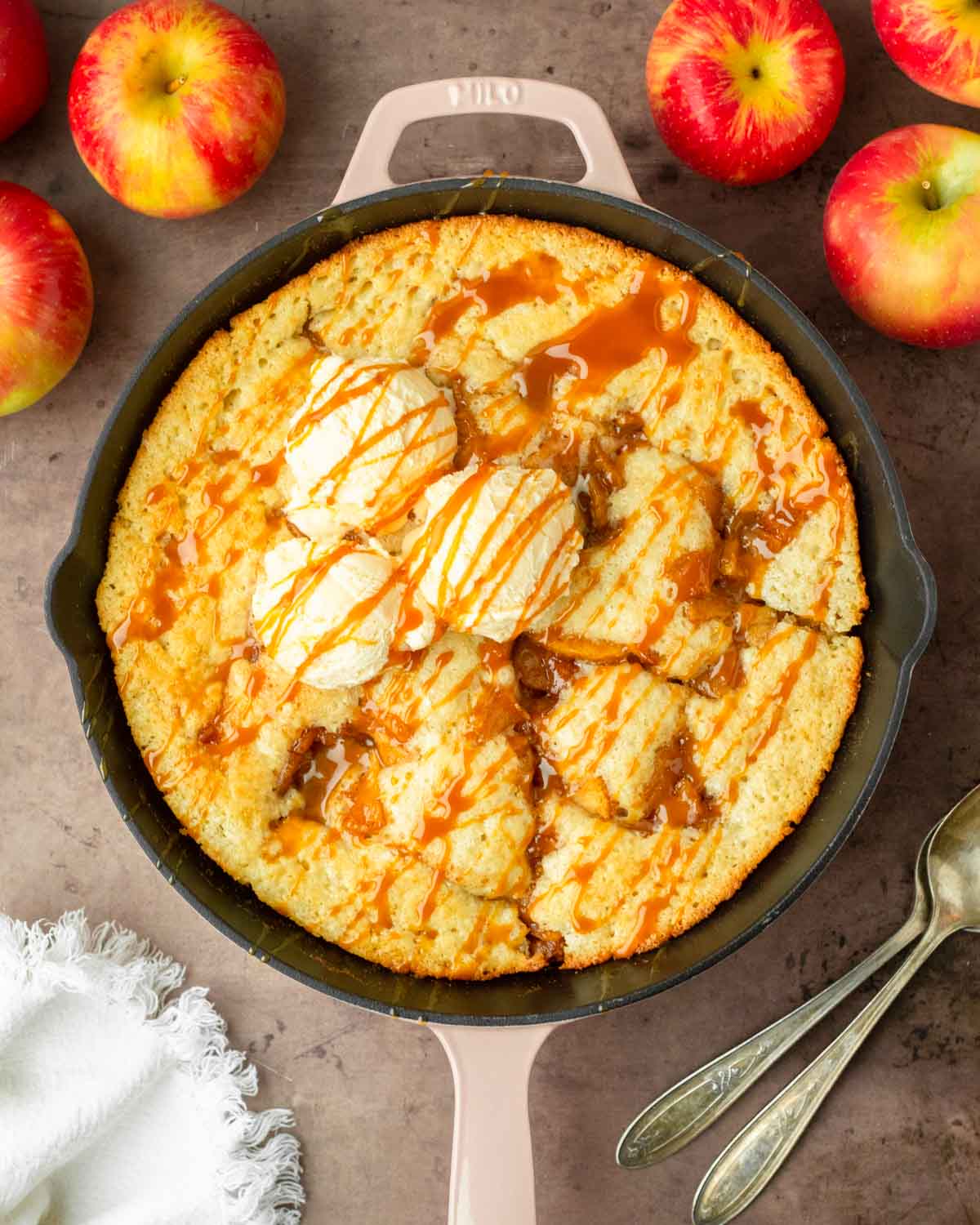 This apple cobbler is an easy apple dessert made with fresh-picked apples baked in a sweet cobbler batter for a delicious and easy one-skillet dessert.