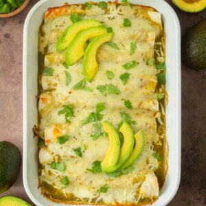 These salsa verde chicken enchiladas are an easy, filling and flavorful one-pan dinner made with simple ingredients and ready in 30 minutes for a quick and easy weeknight dinner.